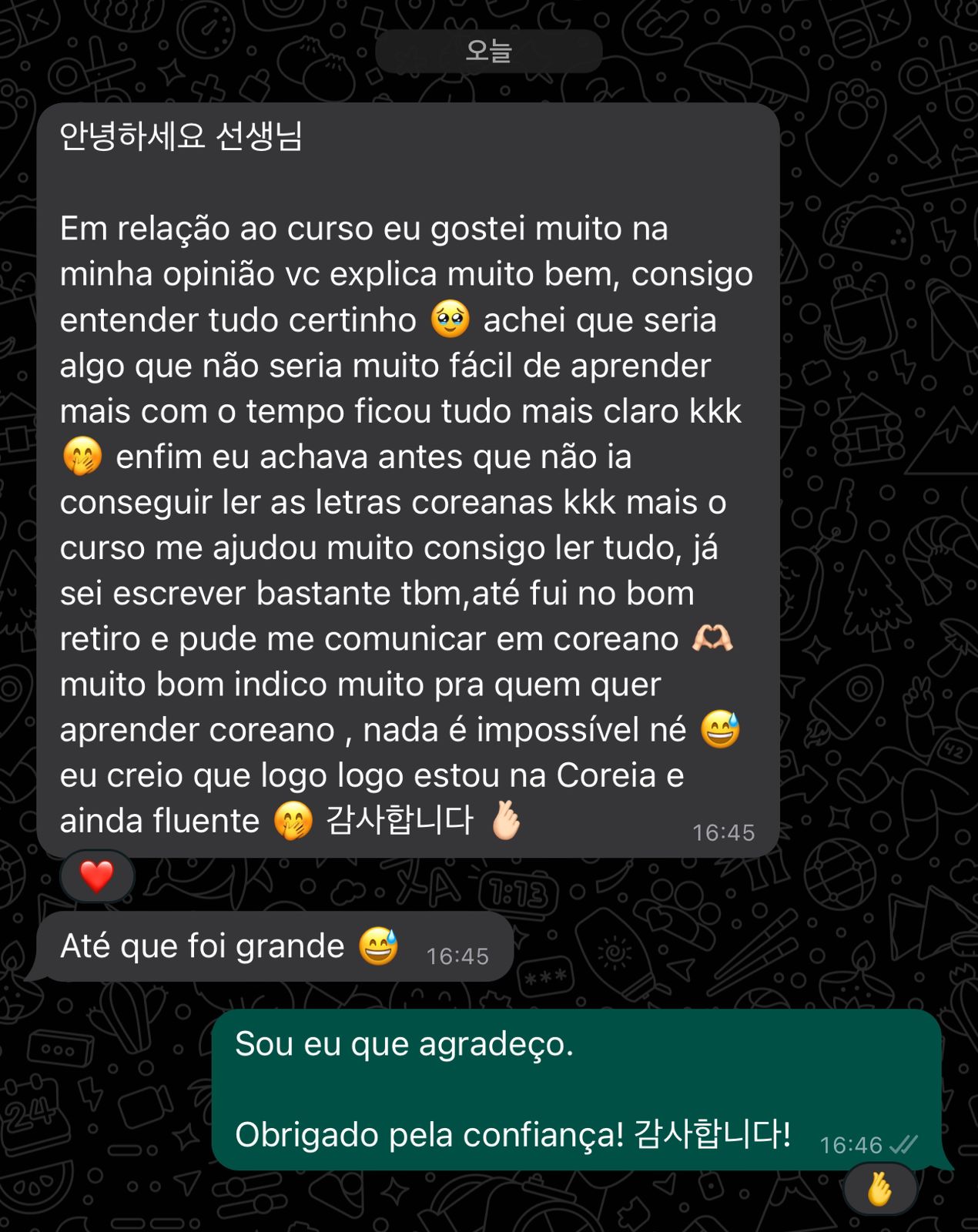 Print de depoimento de aluna no WhatsApp