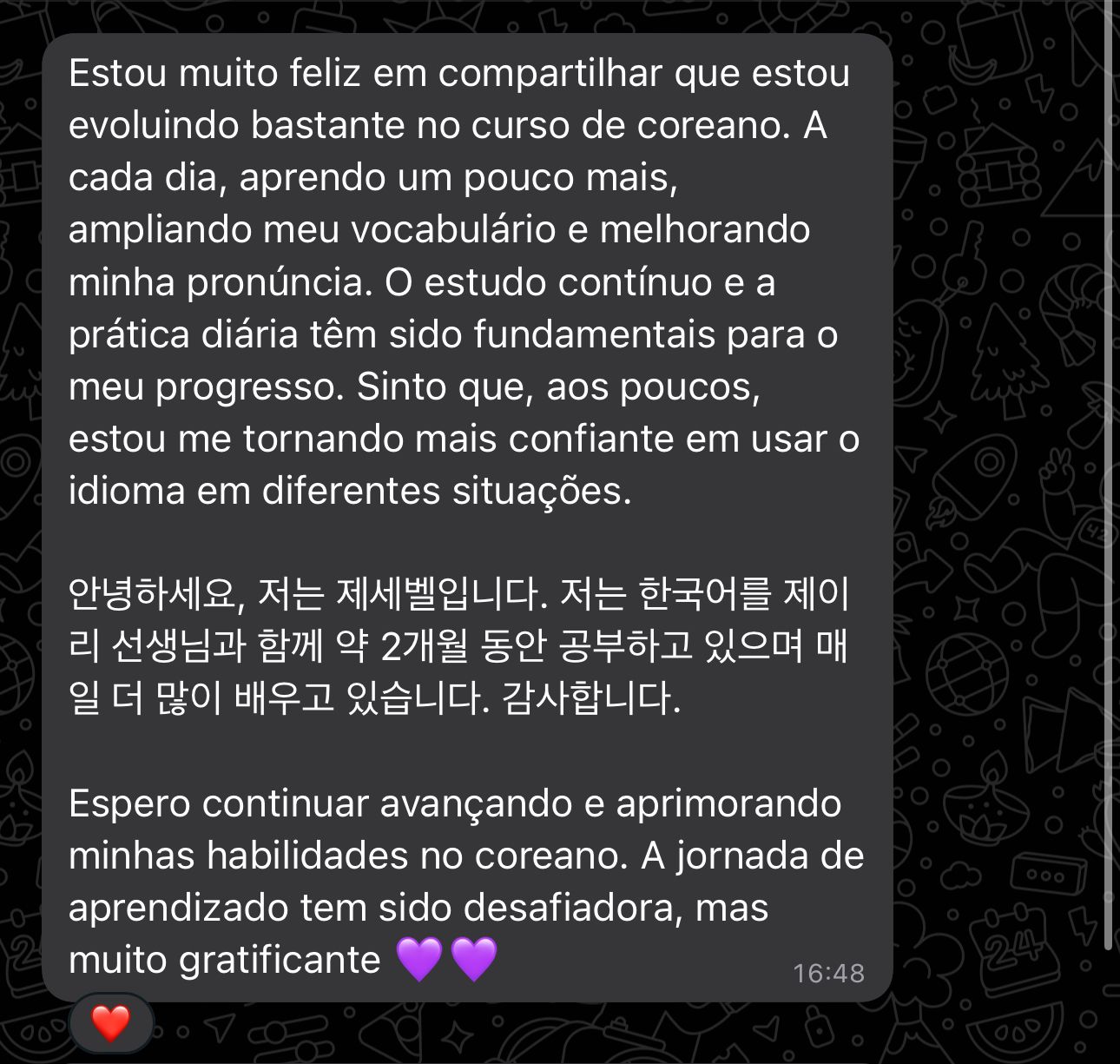Print de depoimento de aluna no WhatsApp